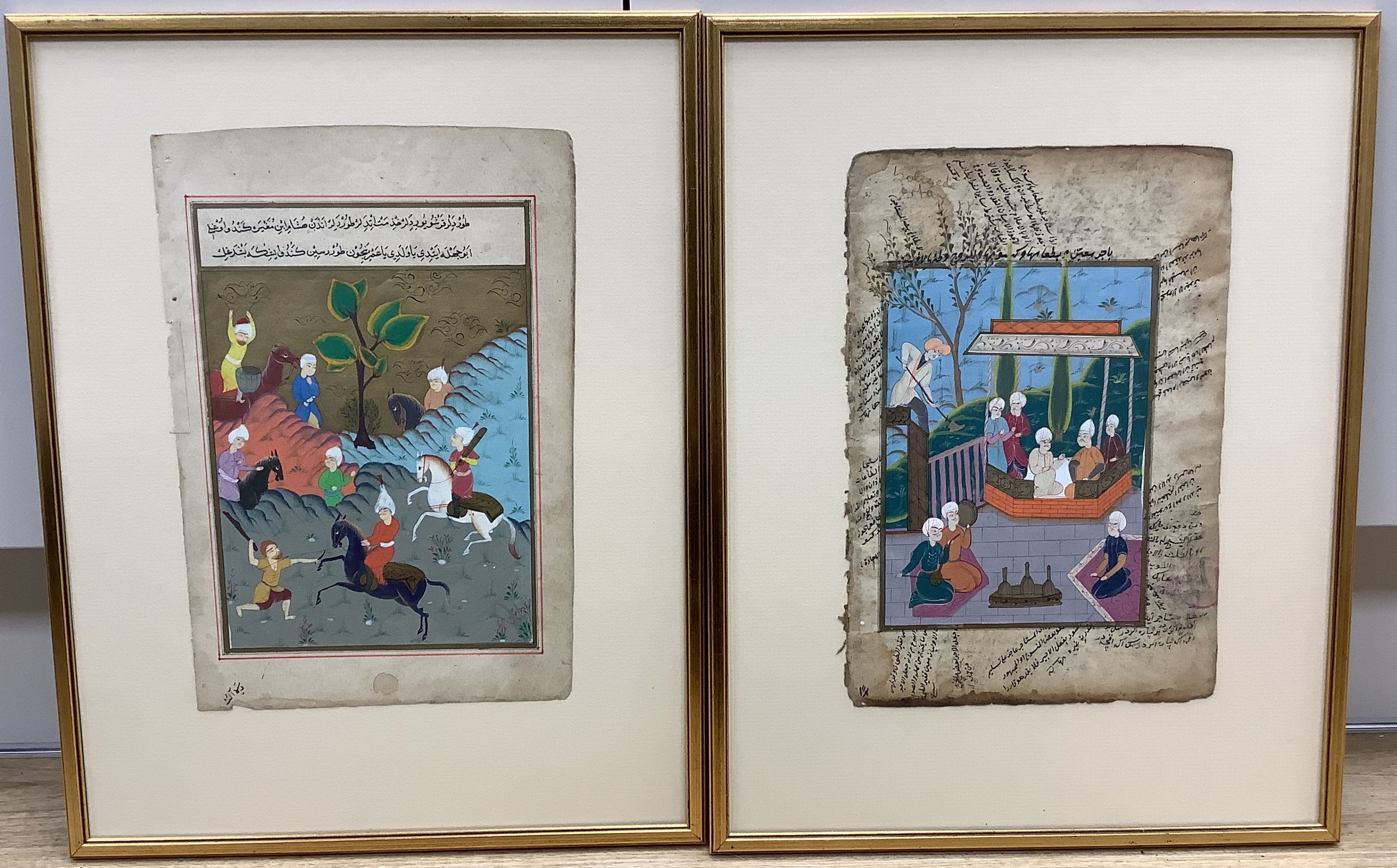 A pair of Indian Mughal ink and watercolour miniatures with calligraphy,